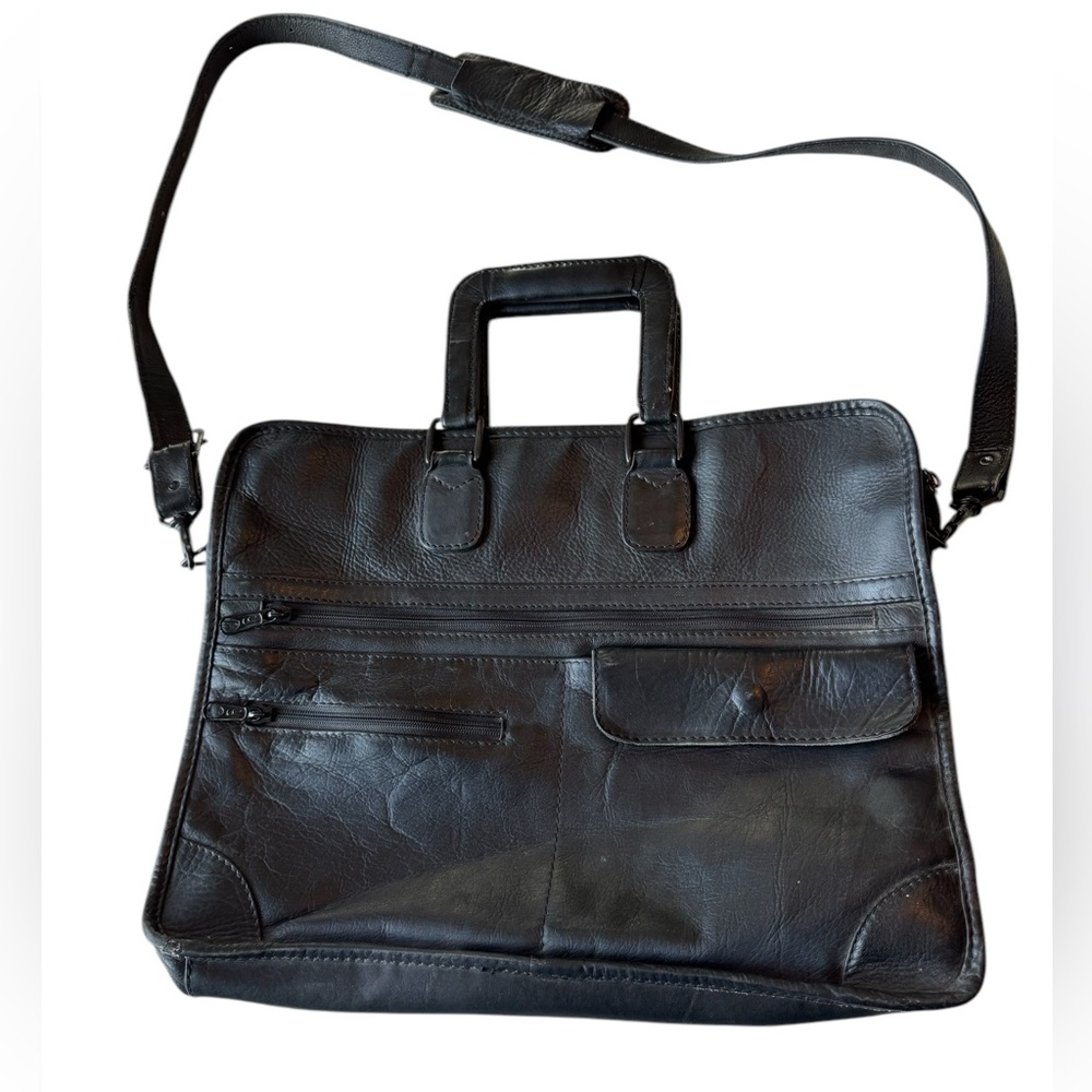 Vintage Black Leather Men's Crossbody Laptop Briefcase Bag